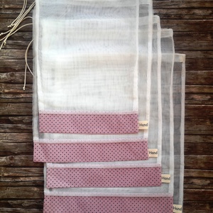 Mályva - szürke pöttyös tüll öko tasak szett 5 darabos Zero Waste - táska & tok - bevásárlás & shopper táska - zöldség/gyümölcs zsák - Meska.hu