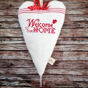 Welcome home hímzett lenvászon szívecske csengővel - otthon & életmód - dekoráció - Meska.hu