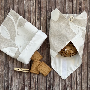 Natúr virágos újraszalvéta + snackbag bambusz csipesszel - Zero Waste szett - táska & tok - uzsonna- & ebéd tartó - szendvics csomagoló - Meska.hu