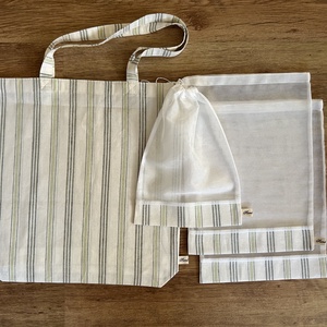 Csíkos len bevásárló szett, táska, öko tasak,  Zerowaste, Táska & Tok, Bevásárlás & Shopper táska, Shopper, textiltáska, szatyor, Varrás, MESKA
