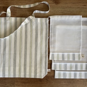 Csíkos len bevásárló szett, táska, öko tasak,  Zerowaste - táska & tok - bevásárlás & shopper táska - shopper, textiltáska, szatyor - Meska.hu