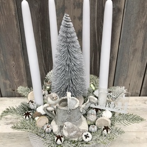 Ezüst-fehér adventi/karácsonyi madárkás asztaldísz kerámia kaspóban - otthon & életmód - dekoráció - virágdísz és tartó - virágbox, virágdoboz - Meska.hu