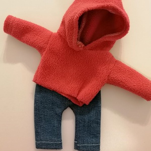 Ruházat, kapucnis pulcsi és farmer - Textiljáték figurákra )Maci, Őzi, Nyuszi, Kutyus, Egérke, Panda) - játék & sport - baba & babaház - babaruha, babakellék - Meska.hu