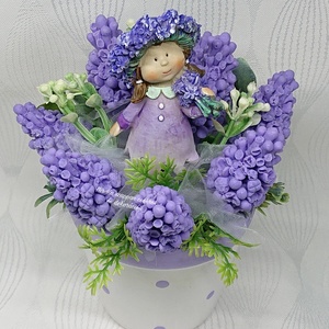 Levendula szappanvirág csokor pöttyös kaspóban ballagásodra fa táblával - otthon & életmód - dekoráció - virágdísz és tartó - virágbox, virágdoboz - Meska.hu