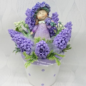 Levendula szappanvirág csokor pöttyös kaspóban ballagásodra fa táblával - otthon & életmód - dekoráció - virágdísz és tartó - virágbox, virágdoboz - Meska.hu