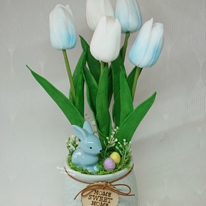 5 szálas élethű tulipán csokor Home Sweet Home kaspóban  - otthon & életmód - dekoráció - virágdísz és tartó - csokor & virágdísz - Meska.hu