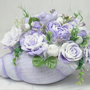 Rózsaszín vagy lila különleges nagy szappanvirág csokor csigaházban  - otthon & életmód - virágdekoráció - virágok - virágbox - Meska.hu