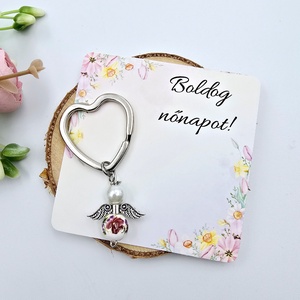 Virágmintás porcelán angyalka kulcstartó ajándékkártyával - Nőnapi ajándék, Boldog nőnapot! feliratos kártyával, Táska & Tok, Kulcstartó & Táskadísz, Kulcstartó, Gyöngyfűzés, gyöngyhímzés, MESKA