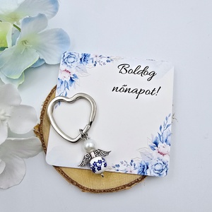 Kék virágmintás porcelán angyalka kulcstartó ajándékkártyával - Nőnapi ajándék, Boldog nőnapot! feliratos kártyával, Táska & Tok, Kulcstartó & Táskadísz, Kulcstartó, Gyöngyfűzés, gyöngyhímzés, MESKA