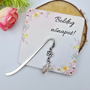 Mini könyvjelző rózsaszín csiszolt csepp üveggyönggyel - Nőnapi ajándék, Boldog nőnapot! feliratos kártyával - Meska.hu