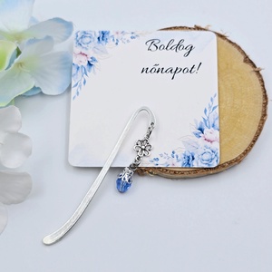 Mini könyvjelző kék csiszolt csepp üveggyönggyel - Nőnapi ajándék, Boldog nőnapot! feliratos kártyával, Könyv & Zene, Könyvjelző, Gyöngyfűzés, gyöngyhímzés, Ékszerkészítés, MESKA