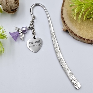 Lila angyalkás, egyedi felirattal gravírozott könyvjelző, Könyv & Zene, Könyvjelző, Gyöngyfűzés, gyöngyhímzés, Ékszerkészítés, MESKA