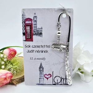 Ajándék angoltanároknak ballagásra, pedagógusnapra, tanév végére - Könyvjelző London busz charmmal, ajándékkártyán - Meska.hu