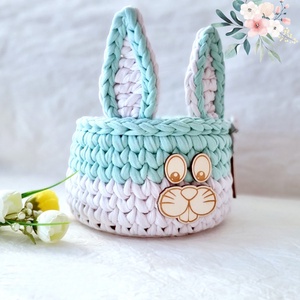 Húsvéti ajándék - Horgolt nyuszi tárolókosár egyedi felirattal - Meska.hu