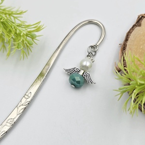 Zöldeskék-fehér angyalkás könyvjelző - könyv & zene - könyvjelző - Meska.hu