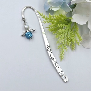 Türkizkék-fehér shamballa- és teklagyöngy angyalkás könyvjelző - Meska.hu