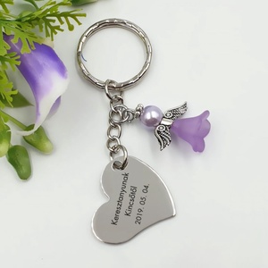 Szív alakú kulcstartó lila angyalkával, egyedi felirattal - Ajándék anyák napjára, Táska & Tok, Kulcstartó & Táskadísz, Kulcstartó, Ékszerkészítés, Gravírozás, pirográfia, MESKA