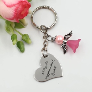 Szív alakú kulcstartó pink angyalkával, egyedi felirattal - Ajándék anyák napjára, Táska & Tok, Kulcstartó & Táskadísz, Kulcstartó, Ékszerkészítés, Gravírozás, pirográfia, MESKA
