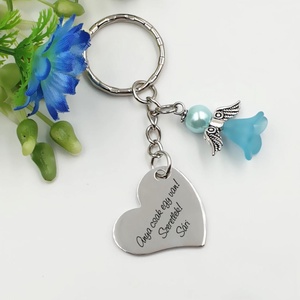 Szív alakú kulcstartó kék angyalkával, egyedi felirattal - Ajándék anyák napjára, Táska & Tok, Kulcstartó & Táskadísz, Kulcstartó, Ékszerkészítés, Gravírozás, pirográfia, MESKA