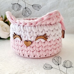 Horgolt cica tárolókosár egyedi felirattal. Ajándék gyerekeknek, Baba - mama, Babaszobabútor, Játéktároló, Horgolás, Gravírozás, pirográfia, MESKA