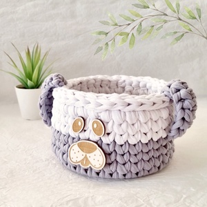 Horgolt kutya tárolókosár egyedi felirattal. Ajándék gyerekeknek - baba - mama - babaszobabútor - játéktároló - Meska.hu