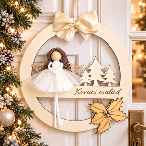 Karácsonyi ajtódísz, falidísz egyedi felirattal - makramé angyalkával, Karácsony, Adventi díszek, Adventi ajtódísz, Gravírozás, pirográfia, MESKA