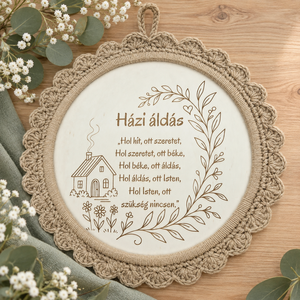 Gravírozott házi áldás horgolt szegéllyel- 30 cm, Otthon & Életmód, Vallás, Házi áldás, Gravírozás, pirográfia, Horgolás, MESKA