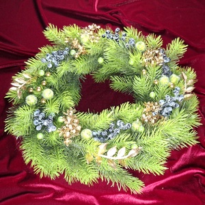 Karácsonyi kopogtató zöld, kék, arany színben, Karácsony, Adventi díszek, Adventi ajtódísz, Virágkötés, MESKA