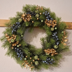 Karácsonyi kopogtató zöld, kék, arany színben - karácsony - adventi díszek - adventi ajtódísz - Meska.hu