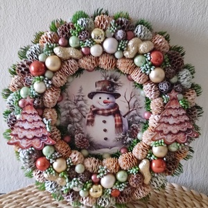 Hóember ajtókopogtató, Karácsony, Karácsonyi lakásdekoráció, Karácsonyi ajtódíszek, Virágkötés, MESKA