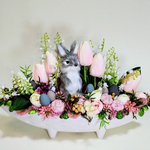 Prémium szürke nyuszis asztaldísz , Ünnepi díszek, dekorációk, Húsvéti díszek és dekorációk, Húsvéti virágos díszek, Virágkötés, MESKA
