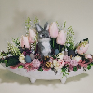 Prémium szürke nyuszis asztaldísz  - ünnepi díszek, dekorációk - húsvéti díszek és dekorációk - húsvéti virágos díszek - Meska.hu