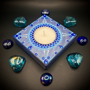 Csodaszép Pontozott kék Mandala mécsestartó, spirituális mandala ajándék és egyedi dekoráció, Otthon & Életmód, Gyertya, illat, aroma, Mécses és mécsestartó, Festészet, Festett tárgyak, MESKA