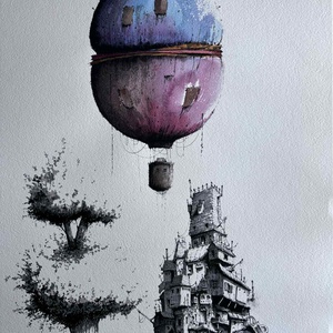 balloon over the city, Művészet, Festmény, Akvarell, Festészet, MESKA