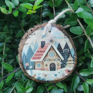 Fa karácsonyfadísz díszdobozban, Karácsony, Karácsonyi lakásdekoráció, Karácsonyfadíszek, Decoupage, transzfer és szalvétatechnika, MESKA