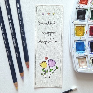 Akvarell könyvjelző - Szeretlek nagyon Anyukám felirattal, lila, sárga tulipánnal - könyv & zene - könyvjelző - Meska.hu