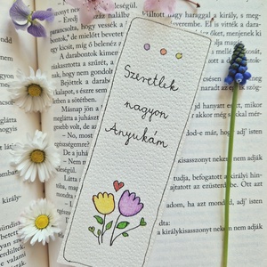 Akvarell könyvjelző - Szeretlek nagyon Anyukám felirattal, lila, sárga tulipánnal, Könyv & Zene, Könyvjelző, Fotó, grafika, rajz, illusztráció, Festett tárgyak, MESKA