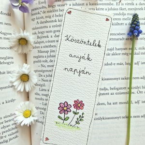 Akvarell könyvjelző - Köszöntelek Anyák napján felirattal, 2 - lila és rózsaszín virággal, Könyv & Zene, Könyvjelző, Fotó, grafika, rajz, illusztráció, Festett tárgyak, MESKA