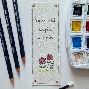 Akvarell könyvjelző - Köszöntelek Anyák napján felirattal, 2 - lila és rózsaszín virággal - könyv & zene - könyvjelző - Meska.hu