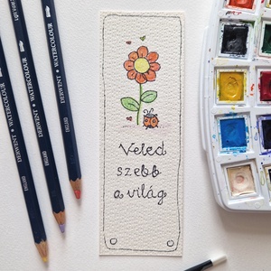 Akvarell könyvjelző - Veled szebb a világ felirattal, katicával, piros virággal - könyv & zene - könyvjelző - Meska.hu