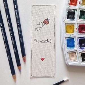 Akvarell könyvjelző - Szeretettel felirattal, katicával, szív motívummal - könyv & zene - könyvjelző - Meska.hu