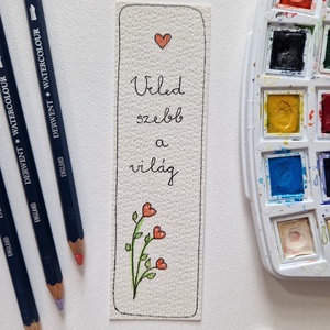 Akvarell könyvjelző - Veled szebb a világ felirattal, piros, szívecskés virággal - könyv & zene - könyvjelző - Meska.hu
