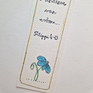 Akvarell könyvjelző - Mindenre van erőm... bibliai felirattal, kék virággal - könyv & zene - könyvjelző - Meska.hu
