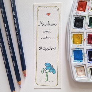 Akvarell könyvjelző - Mindenre van erőm... bibliai felirattal, kék virággal - könyv & zene - könyvjelző - Meska.hu