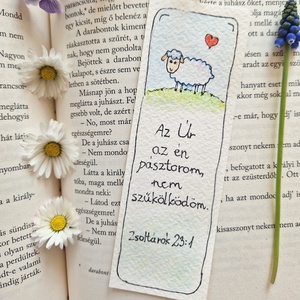 Akvarell könyvjelző - Az Úr az én pásztorom... bibliai felirattal, bárány motívummal, Könyv & Zene, Könyvjelző, Fotó, grafika, rajz, illusztráció, Festett tárgyak, MESKA