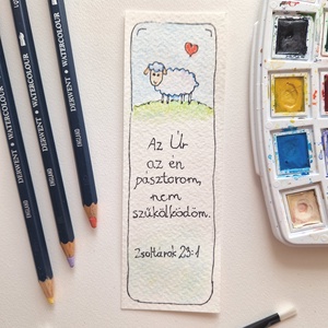 Akvarell könyvjelző - Az Úr az én pásztorom... bibliai felirattal, bárány motívummal - könyv & zene - könyvjelző - Meska.hu
