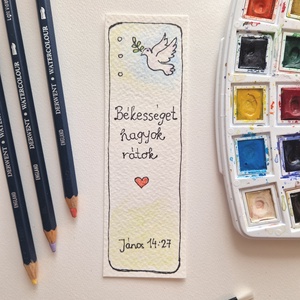 Akvarell könyvjelző - Békességet hagyok rátok bibliai felirattal, galamb motívummal - könyv & zene - könyvjelző - Meska.hu