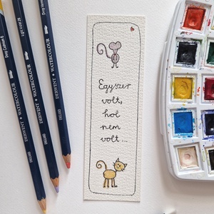 Akvarell könyvjelző - Egyszer volt, hol nem volt... felirattal, cica, egér motívummal - könyv & zene - könyvjelző - Meska.hu