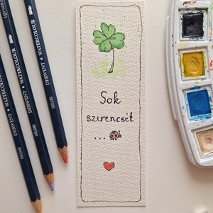 Akvarell könyvjelző - Sok szerencsét felirattal, katicával, lóhere motívummal - könyv & zene - könyvjelző - Meska.hu