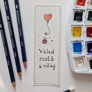 Akvarell könyvjelző - Veled szebb a világ felirattal, katicával, szív alakú lufival - könyv & zene - könyvjelző - Meska.hu